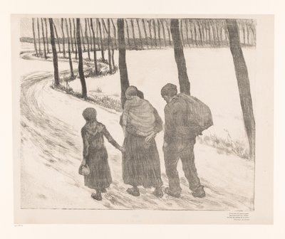 Mies ja nainen kahden lapsen kanssa kävelemässä maantiellä Pauvres gens tekijältä Théo van Rysselberghe