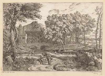 Arkadian maisema, jossa vuohilauma veden äärellä ja äiti lapsen kanssa polulla muiden hahmojen kanssa Suite de Paysages (sarjan nimi) tekijältä Théodore