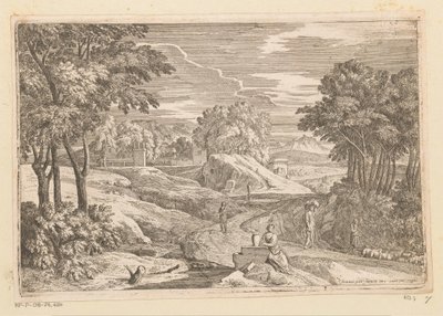 Arkadian maisema, jossa nainen istuu maljakon vieressä ja muita hahmoja Suite de Paysages (sarjan nimi) tekijältä Théodore