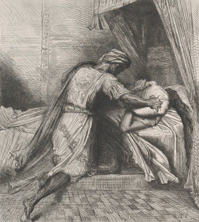Hän tukahduttaa hänet: levy 13 Othello Act 5:stä, kohtaus 2, kaiverrettu 1844, uusintapainos 1900. tekijältä Théodore Chassériau