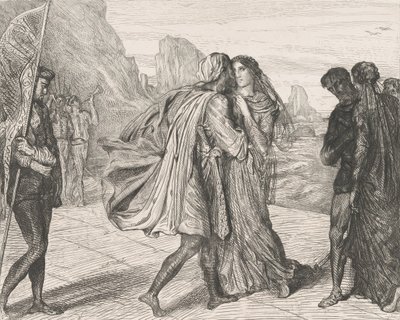 Oi reilu soturi!: levy 5 Othello Act 2:sta, kohtaus 1, kaiverrettu 1844, uusintapainos 1900. tekijältä Théodore Chassériau
