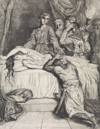 Vai niin! Vai niin! Oh!: levy 14 Othello Act 5:stä, kohtaus 2, kaiverrettu 1844, r..., kaiverrettu 1844, uusintapainos 1900. tekijältä Théodore Chassériau