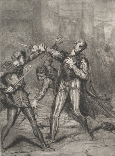 Pahis, sinä kuolet: Othello Act 5:n levy 10, kohtaus 1, kaiverrettu 1844, uusintapainos 1900. tekijältä Théodore Chassériau