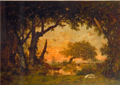 Fontainebleaun metsästä poistuminen, auringonlasku (öljy kankaalle tekijältä Pierre Etienne Theodore Rousseau