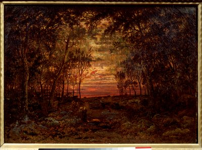 Auringonlasku metsässä Theodore Rousseaun (1812-1867) maalaus 1800-luvun Barbizon School. Himmeä. 0,46x0,62m. Öljy kankaalle. . tekijältä Pierre Etienne Theodore Rousseau