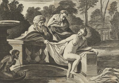 Susanna, osittain alasti ja astumassa ulos suihkulähteestä, kaksi vanhinta vasemmalla, yksi o..., n. 1656-60. tekijältä Théodorus van Kessel