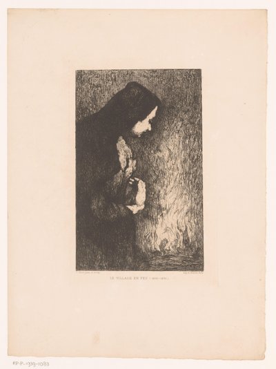 Dona dempeus mirant el poble cremat al fons Acabat Le Village en Feu (títol sobre objecte). tekijältä Théodule Augustin Ribot