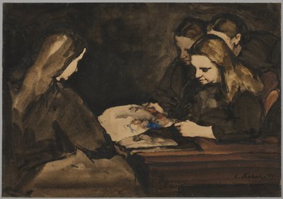Neljä tyttöä opiskelemassa piirustusta, 1876. tekijältä Auguste Theodule Ribot