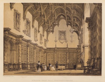 Burleigh Great Hall, Northamptonshire (akvatinta) tekijältä Thomas (after) Allom