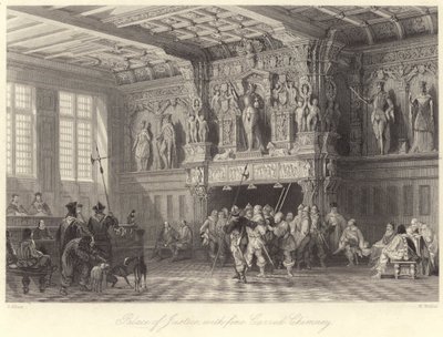 Oikeuspalatsi, hieno veistetty savupiippu, Brugge (kaiverrus) tekijältä Thomas (after) Allom