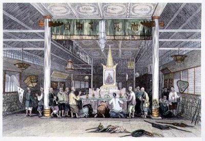 Buddhan temppeli, Kanton, George Newenham Wrightin (n. 1790-1877) teoksesta "China in a Series of Views" 1843 (värillinen kaiverrus) tekijältä Thomas (after) Allom