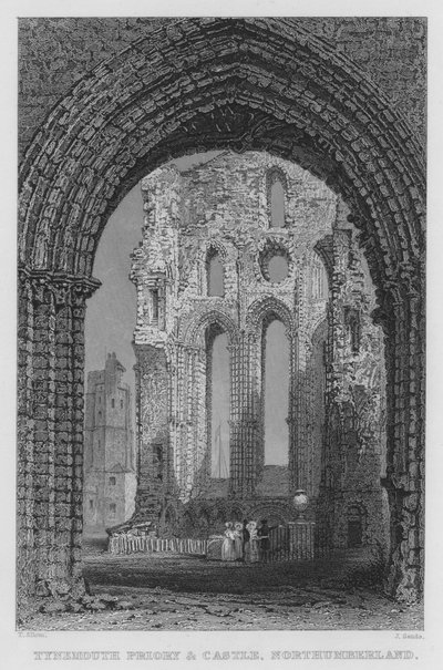 Tynemouth Priory ja Castle, Northumberland (kaiverrus) tekijältä Thomas (after) Allom