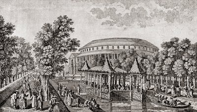 Ranelagh Gardens, Chelsea, Lontoo, Englanti. Ranelagh Gardensin Rotundan ulkopuoli, "kiinalainen talo" ja osa tonttia Thomas Bowlesin kaiverruksen jälkeen tekijältä Thomas (after) Bowles
