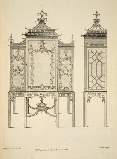 Suunnittelu kiinalaukkuun, pubi. 1753 (kaiverrus) tekijältä Thomas (after) Chippendale