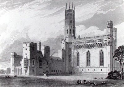 Fonthill Abbey kaakosta, John Brittonin teoksesta "Graphic and Literary Illustrations of Fonthill Abbey", piirtänyt S. Rayner ja kaivertanut W. Tombleson tekijältä Thomas (after) Higham