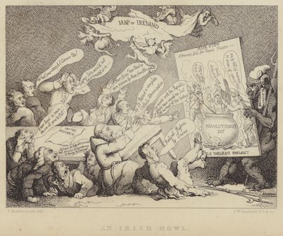 Irlantilainen ulvo: Yhdistyneiden irlantilaisten kansalliskonventin kokous, jolle esitetään republikaanismin kauhuja, joista esimerkkinä Ranskan vallankumous tekijältä Thomas (after) Rowlandson