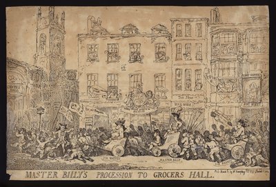 Mestari Billyn kulkue Grocers Halliin; Poliittinen satiiri William Pitt nuoremman kulkueesta Grocers Halliin vastaanottaakseen Lontoon Cityn vapauden tekijältä Thomas (after) Rowlandson