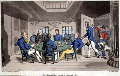 Amiraali on tehnyt auringonlaskun, sir! levy John Mitfordin (1782-1831) teoksesta "Johnny Newcomen seikkailut laivastossa" kaivertanut W. Read tekijältä Thomas (after) Rowlandson