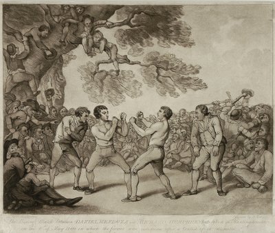 Nyrkkeilyottelu Daniel Mendozan ja Richard Humphreysin välillä Stiltonissa, Huntingdonshiressa, 6. toukokuuta 1789, kaiverrus Joseph Grozer (n. 1755-1799) (kaiverrus) tekijältä Thomas (after) Rowlandson