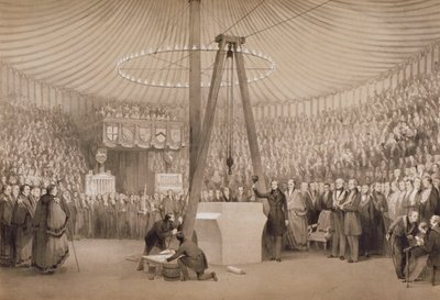 Prinssi Albert laskemassa ensimmäisen kiven uuteen kuninkaalliseen pörssiin Lontoossa 17. tammikuuta 1842 tekijältä Thomas Allom