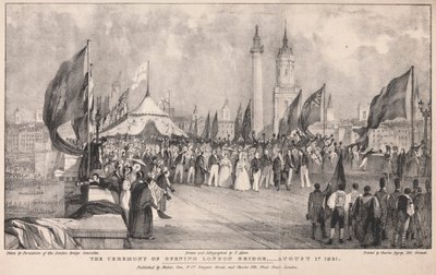 London Bridgen avajaisseremonia taustalla Old London Bridge tekijältä Thomas Allom