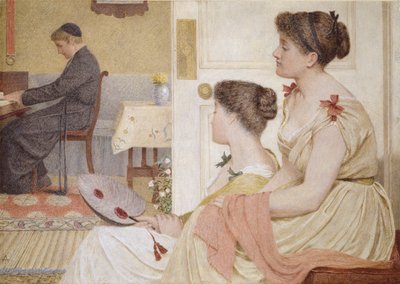 Salikohtaus nuoren papin kanssa pianon ääressä, 1800-luvun loppu tekijältä Thomas Armstrong