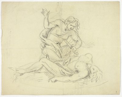 Pyramus ja Thisbe (oikealla); Kolme mieshahmoa mausoleumin pohjapiirroksella (käänteinen) tekijältä Thomas Banks