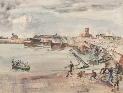 Calais Bassin Ouestin sataman ex entrepots (sic) telakka, 1944 (kynä, kynä, muste, sivellin ja wc paperilla) tekijältä Thomas Barclay Hennell