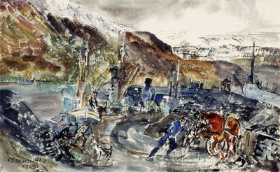 Paikalliset hiilikärryt ja troolarit, Seydisfjordur, Islanti (akvarelli paperille) tekijältä Thomas Barclay Hennell