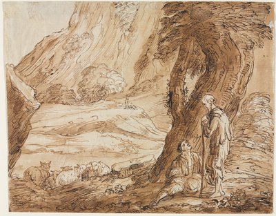Maisema lampaiden ja kahden paimenen kanssa, 1800-luvun ensimmäinen puolisko. tekijältä Thomas Barker