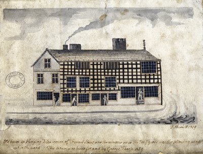 Old House on Hanging Ditch, Manchester, 1819 (kynä ja muste ja pese paperille) tekijältä Thomas Barritt