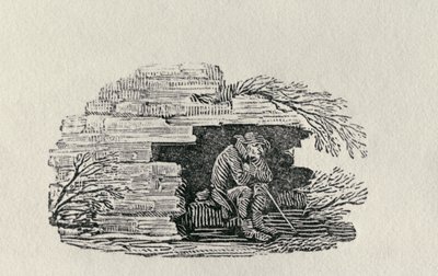 Istuva mies, joka suojaa "Britannian lintujen ja nelijalkaisten historiaa" (kaiverrus) tekijältä Thomas Bewick