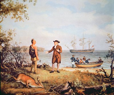 William Penn saapuu Amerikkaan ensimmäistä kertaa ja tapaa intiaanien vuonna 1682 (öljy kankaalle) tekijältä Thomas Birch