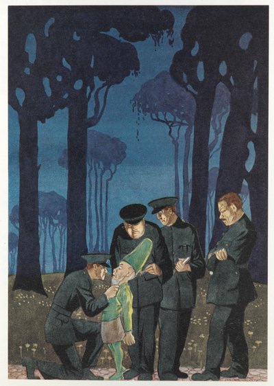 "Kerro minulle, missä rahat ovat?" hän sihisi. Poliisi kuulustelee leprechaunia James Stephensin The Crock of Gold -elokuvasta tekijältä Thomas Blakeley Mackenzie