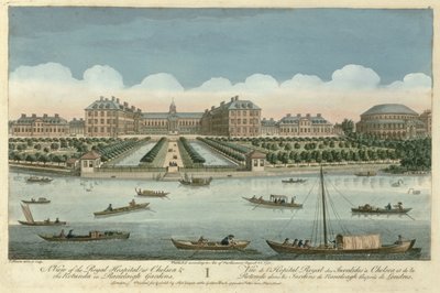 Näkymä Chelsean kuninkaallisesta sairaalasta ja Rotundasta Ranelagh Gardensissa, pubissa. Kirjailija: Robert Sayer, 1751 tekijältä Thomas Bowles