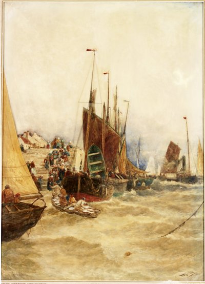 Ensimmäinen vene Mackerel Fishingistä Boulognessa, 1889 (akvarelli kankaalle asetettu paperille) tekijältä Thomas Bush Hardy