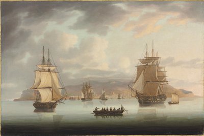 Funchal Roadstead, H.M.S. Blenheim vinttikoiran ja harrierin kanssa ulospäin, 1805 tekijältä Thomas Butterworth