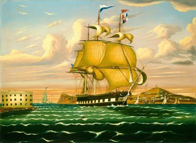 Pakettilaiva ohittaa Castle Williamsin, New Yorkin satama tekijältä Thomas Chambers