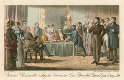 Bernard Blackmantle lukemassa farssia Theatre Royalin vihreässä huoneessa, Drury Lane, Lontoo tekijältä Thomas Charles Wageman