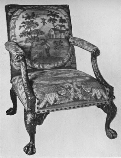 Chippendale mahonki-nojatuoli käsityöverhoilulla, 1700-luvun puoliväli, 1928 tekijältä Thomas Chippendale