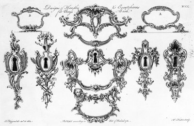 Designs of Handles und Escutcheons for Brass Work, W. Fosterin tekemä painos, 1761. tekijältä Thomas Chippendale