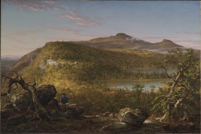 Näkymä kahdelle järvelle ja Mountain Houselle, Catskillvuoret, aamu tekijältä Thomas Cole
