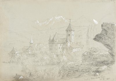 Spiezin linna, 1841 (lyijykynä ja guassi harmaanvihreälle paperille). tekijältä Thomas Cole