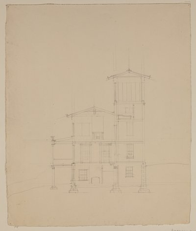 Piirustus ehdotetusta huvilasta Catskillissa, n. 1801-48 (grafiittikynä luonnonvalkoiselle kudottupaperille) tekijältä Thomas Cole
