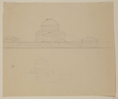 Ohion osavaltiotalon julkisivu, n.1838 (grafiittikynä beigelle paperiarkille) tekijältä Thomas Cole