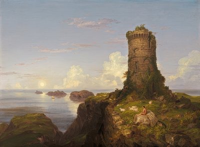 Italian rannikko ja raunioitunut torni. 1838 tekijältä Thomas Cole