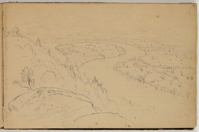 Panorama Oxbowista Connecticut-joella nähtynä Mount Holyokesta, n. 1832 (kynä paperille) tekijältä Thomas Cole