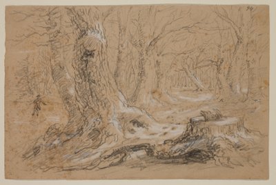 Puut talvella, jossa mies seisoo Frozen Creekillä (kynä ja guassi paperilla) tekijältä Thomas Cole
