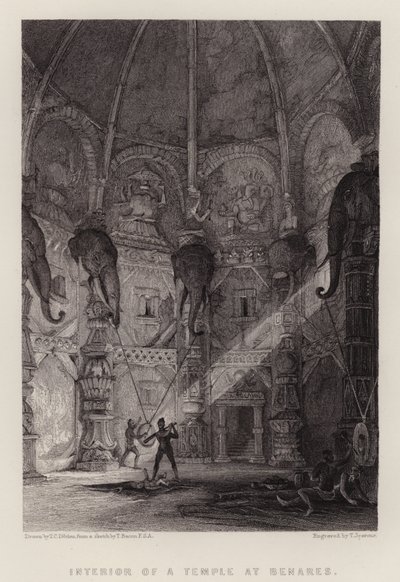 Benaresin temppelin sisustus (väri litho) tekijältä Thomas Colman (after) Dibdin