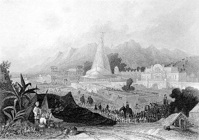 Suuri temppeli, Hurdwar, hindujen pyhiinvaeltajien kulkue, kaiverrus W. Finden, julkaisusta "World Religion", julkaisija A. Fullarton & Co. (kaiverrus) tekijältä Thomas Colman (after) Dibdin